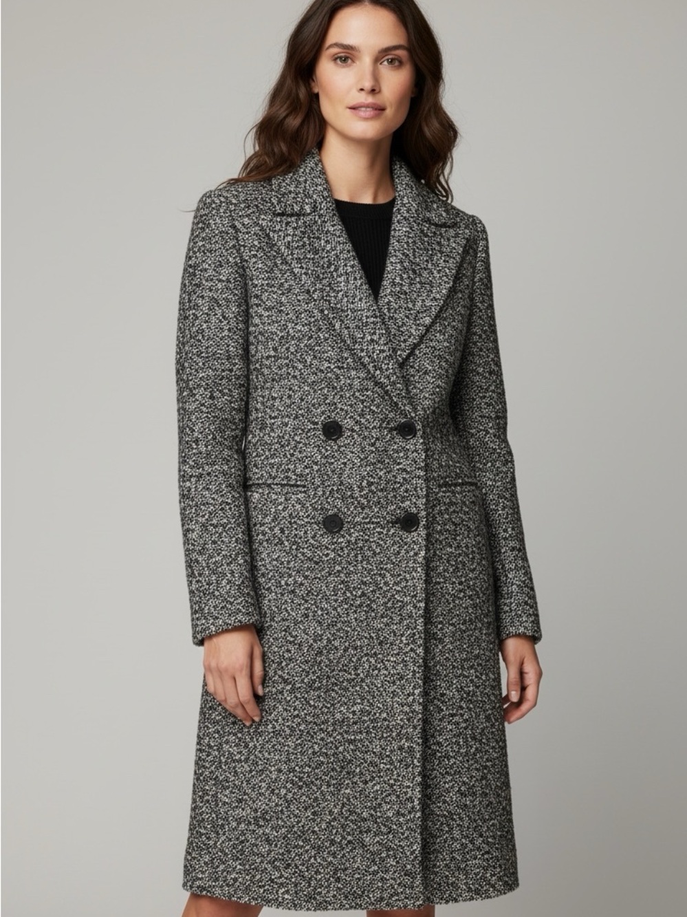 Mango MNG Masa Textured Tweed Bouclé Long Coat Black White Wool Blend XS